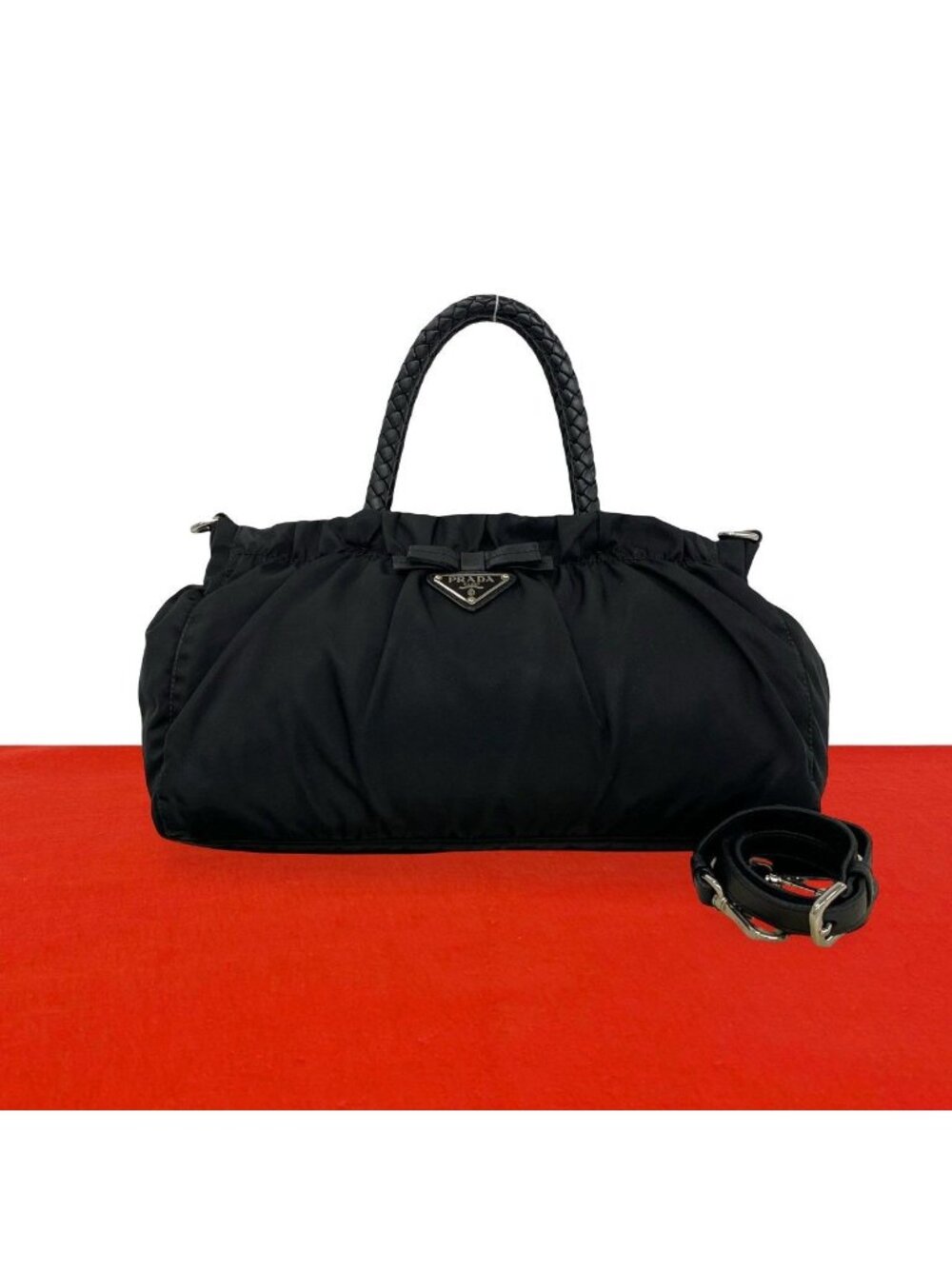 Prada Triangle Logo Ribbon Tessuto Nylon Leather 2-Way Shoulder Bag Black